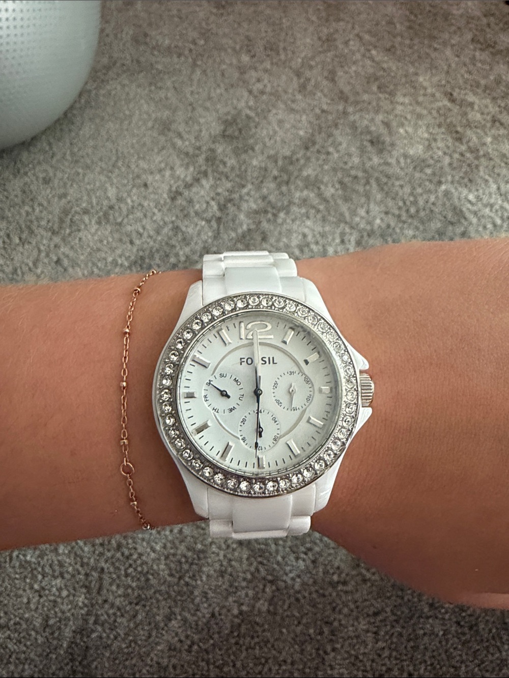 Fossil White Ceramic Watch with Crystal Bezel